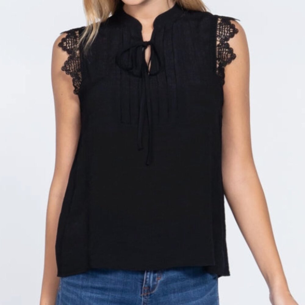Women's S Small Black Lace Sleeve Linen Top NEW